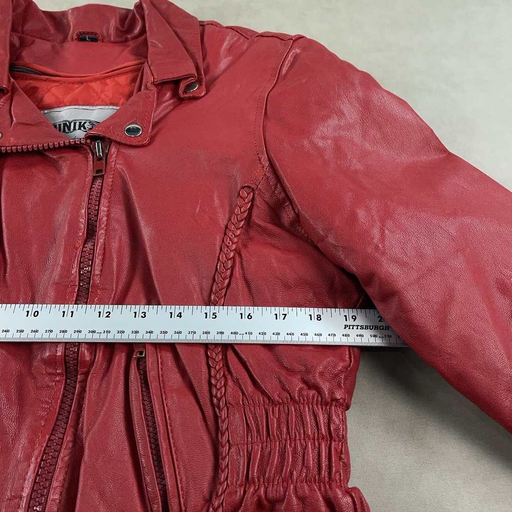 Unik Ultra Red Womens Leather Motorcycle Jacket Removable Liner Large Braid Trim - Picture 11 of 16